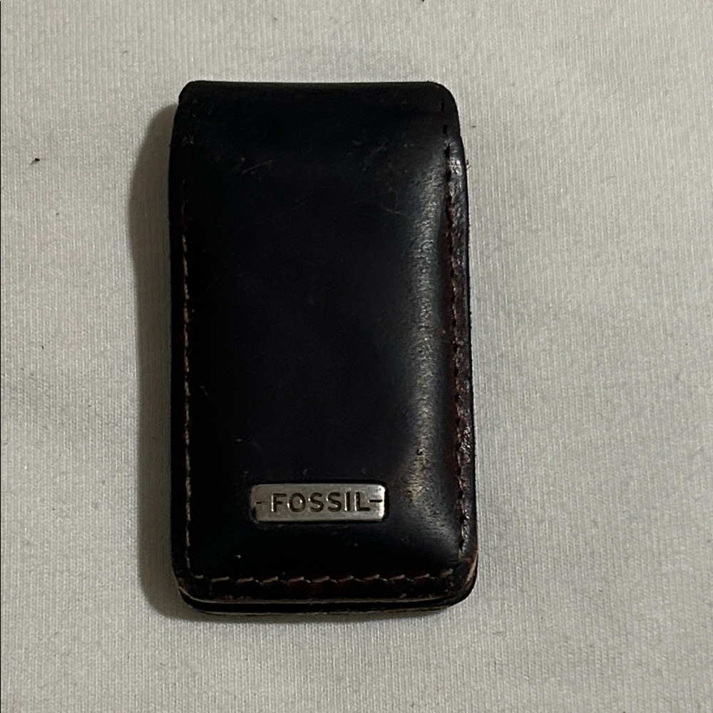 Fossil Black Leather Money Clip with Silver Logo Plate